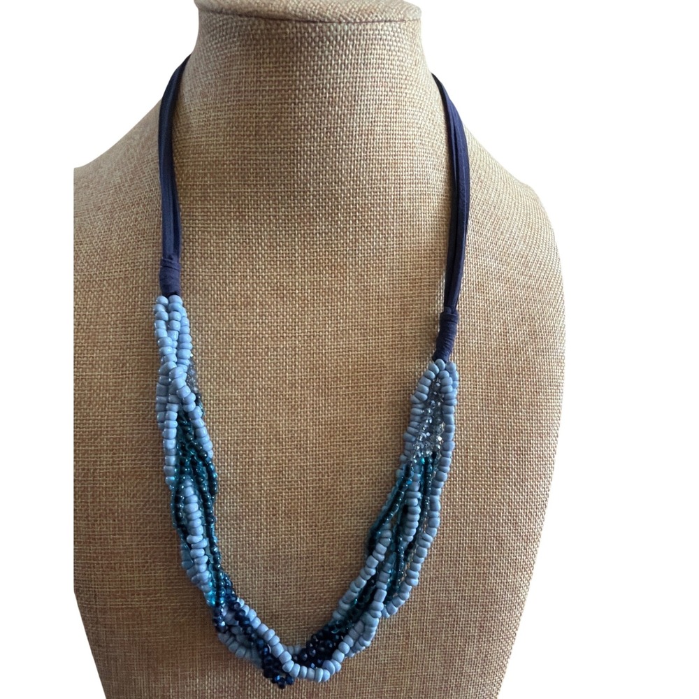 Multi Strand Blue Seed Bead Gradient Necklace Navy‎ Fabric Cord Adjustable